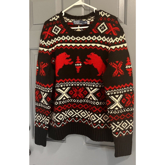 Mens POLO RALPH LAUREN Polar Bear Fair Isle Wool Sweater Size Large L New - Picture 1 of 9